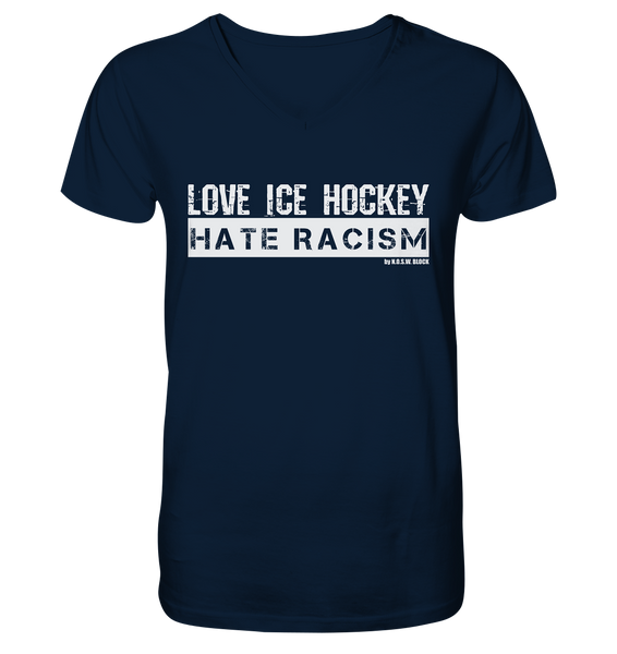 N.O.S.W. BLOCK Gegen Rechts Shirt "LOVE ICE HOCKEY HATE RACISM" Männer Organic V-Neck T-Shirt navy