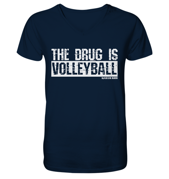 N.O.S.W. BLOCK Fanblock Shirt "THE DRUG IS VOLLEYBALL" Männer Organic V-Neck T-Shirt navy