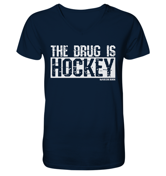 Fanblock Shirt "THE DRUG IS HOCKEY" Männer Organic V-Neck T-Shirt navy