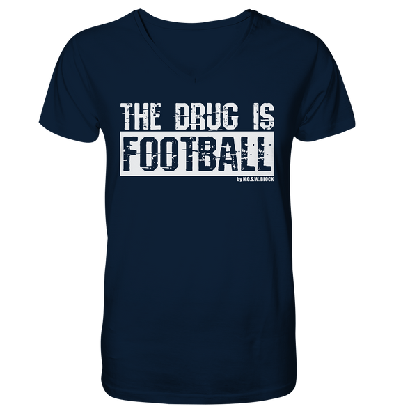 N.O.S.W. BLOCK Fanblock Shirt "THE DRUG IS FOOTBALL" Männer Organic V-Neck T-Shirt navy