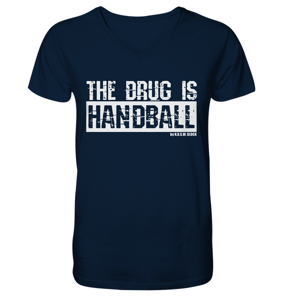 N.O.S.W. BLOCK Fanblock Shirt "THE DRUG IS HANDBALL" Männer Organic V-Neck T-Shirt navy