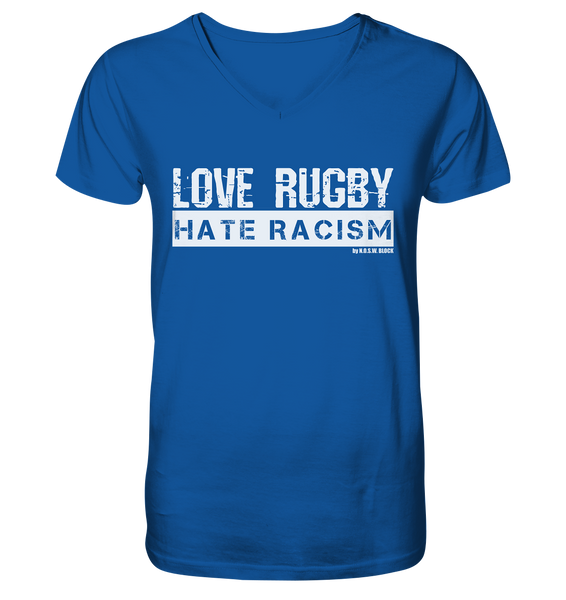 N.O.S.W. BLOCK Gegen Rechts Shirt "LOVE RUGBY HATE RACISM" Männer Organic V-Neck T-Shirt blau