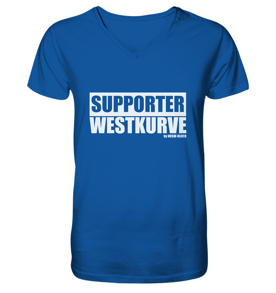 N.O.S.W. BLOCk Fanblock "SUPPORTER WESTKURVE" Kurzärmeliges Organic V-Neck Männer T-Shirt - Bio-Baumwolle blau