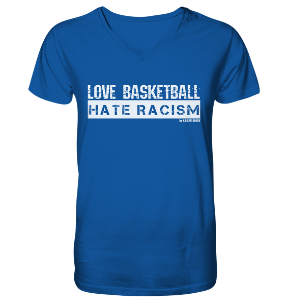 N.O.S.W. BLOCK Gegen Rechts Shirt "LOVE BASKETBALL HATE RACISM" Männer Organic V-Neck T-Shirt blau