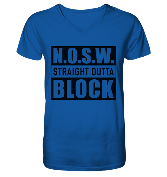 N.O.S.W. BLOCK Shirt "STRAIGHT OUTTA" Männer Organic V-Neck Shirt blau
