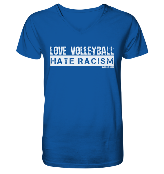 N.O.S.W. BLOCK Gegen Rechts Shirt "LOVE VOLLEYBALL HATE RACISM" Männer Organic V-Neck T-Shirt blau