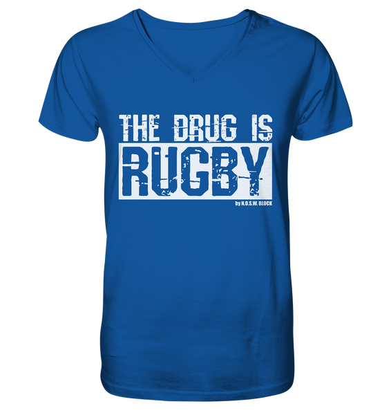 N.O.S.W. BLOCK Fanblock Shirt "THE DRUG IS RUGBY" Männer Organic V-Neck T-Shirt blau