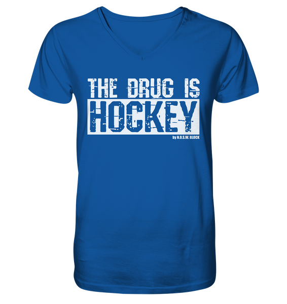 N.O.S.W. BLOCK Fanblock Shirt "THE DRUG IS HOCKEY" Männer Organic V-Neck T-Shirt blau