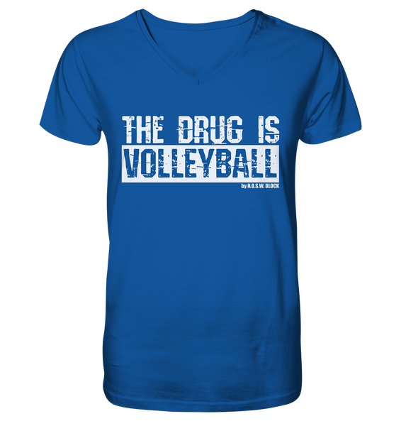 N.O.S.W. BLOCK Fanblock Shirt "THE DRUG IS VOLLEYBALL" Männer Organic V-Neck T-Shirt blau