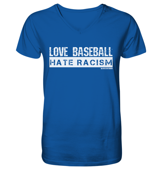 N.O.S.W. BLOCK Gegen Rechts Shirt "LOVE BASEBALL HATE RACISM" Männer Organic V-Neck T-Shirt blau