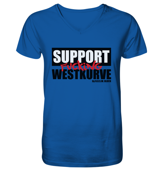 N.O.S.W. BLOCK Fanblock Shirt "SUPPORT FUCKING WESTKURVE" Männer Organic V-Neck T-Shirt blau