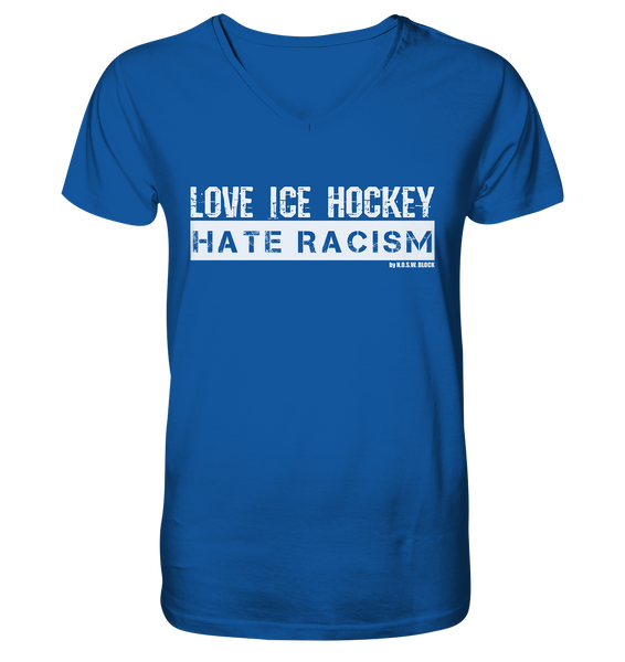 N.O.S.W. BLOCK Gegen Rechts Shirt "LOVE ICE HOCKEY HATE RACISM" Männer Organic V-Neck T-Shirt blau