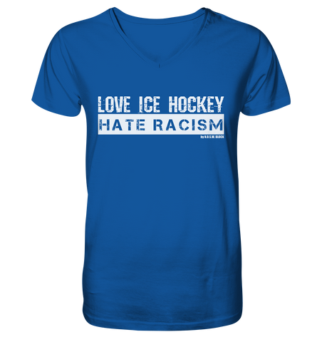 N.O.S.W. BLOCK Gegen Rechts Shirt "LOVE ICE HOCKEY HATE RACISM" Männer Organic V-Neck T-Shirt blau