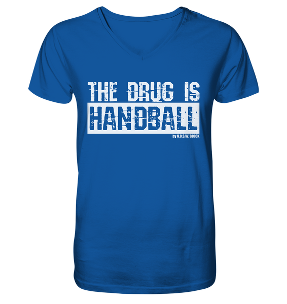 N.O.S.W. BLOCK Fanblock Shirt "THE DRUG IS HANDBALL" Männer Organic V-Neck T-Shirt blau