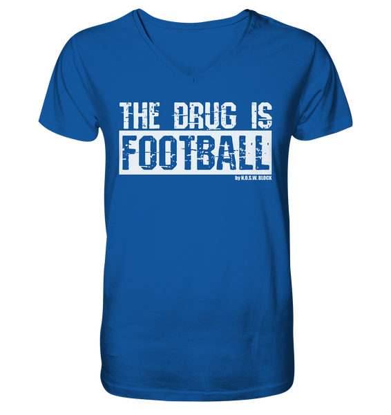 N.O.S.W. BLOCK Fanblock Shirt "THE DRUG IS FOOTBALL" Männer Organic V-Neck T-Shirt blau