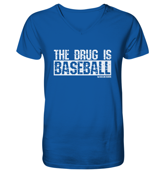 N.O.S.W. BLOCk Fanblock Shirt "THE DRUG IS BASEBALL" Männer Organic V-Neck T-Shirt blau