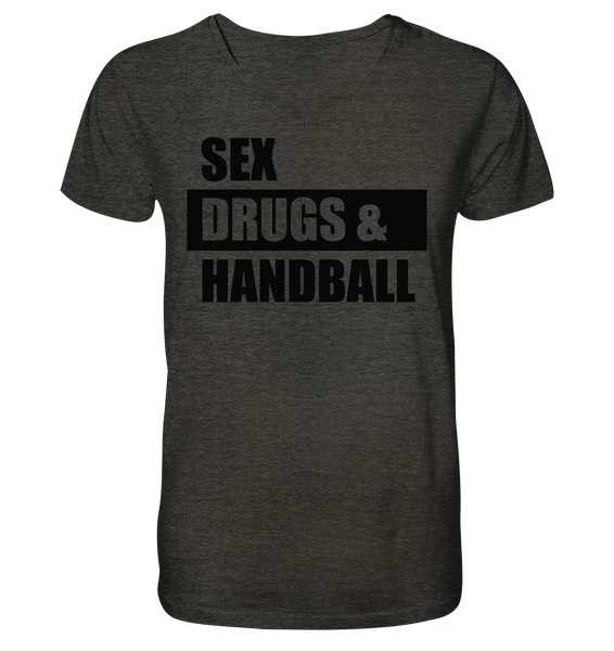 N.O.S.W. BLOCK Fanblock Shirt "SEX, DRUGS & HANDBALL" Männer Organic V-Neck T-Shirt dark heather grau