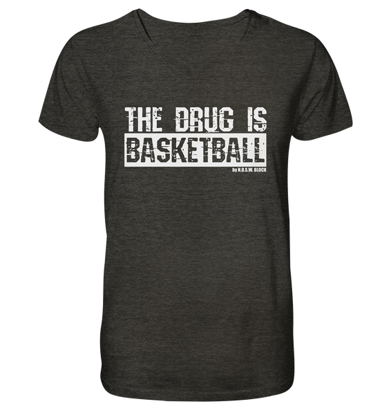 N.O.S.W. BLOCK Fanblock Shirt "THE DRUG IS BASKETBALL" Männer Organic V-Neck T-Shirt dark heather grau