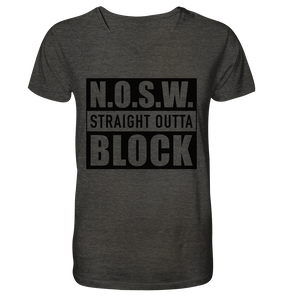 N.O.S.W. BLOCK Shirt "STRAIGHT OUTTA" Männer Organic V-Neck Shirt dark heather grau