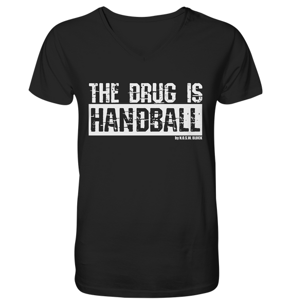 N.O.S.W. BLOCK Fanblock Shirt "THE DRUG IS HANDBALL" Männer Organic V-Neck T-Shirt schwarz