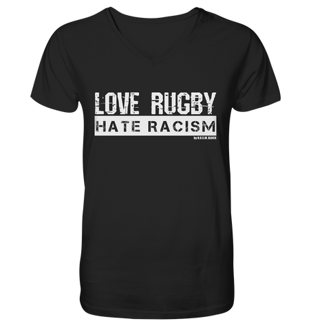 N.O.S.W. BLOCK Gegen Rechts Shirt "LOVE RUGBY HATE RACISM" Männer Organic V-Neck T-Shirt schwarz