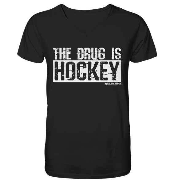 N.O.S.W. BLOCK Fanblock Shirt "THE DRUG IS HOCKEY" Männer Organic V-Neck T-Shirt schwarz
