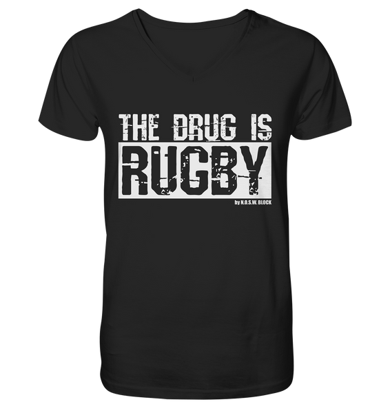N.O.S.W. BLOCK Fanblock Shirt "THE DRUG IS RUGBY" Männer Organic V-Neck T-Shirt schwarz