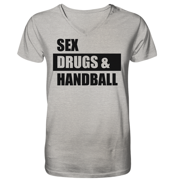 N.O.S.W. BLOCK Fanblock Shirt "SEX, DRUGS & HANDBALL" Männer Organic V-Neck T-Shirt heather grau