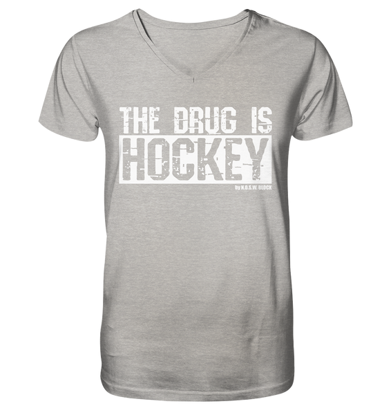N.O.S.W. BLOCK Fanblock Shirt "THE DRUG IS HOCKEY" Männer Organic V-Neck T-Shirt heather grau