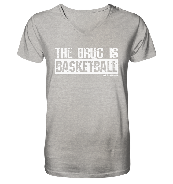 N.O.S.W. BLOCK Fanblock Shirt "THE DRUG IS BASKETBALL" Männer Organic V-Neck T-Shirt heather grau