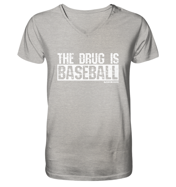 N.O.S.W. BLOCk Fanblock Shirt "THE DRUG IS BASEBALL" Männer Organic V-Neck T-Shirt heather grau