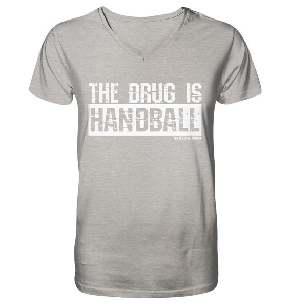 N.O.S.W. BLOCK Fanblock Shirt "THE DRUG IS HANDBALL" Männer Organic V-Neck T-Shirt heather grau