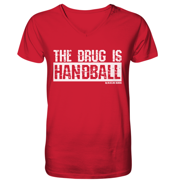 N.O.S.W. BLOCK Fanblock Shirt "THE DRUG IS HANDBALL" Männer Organic V-Neck T-Shirt rot