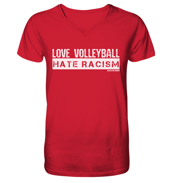 N.O.S.W. BLOCK Gegen Rechts Shirt "LOVE VOLLEYBALL HATE RACISM" Männer Organic V-Neck T-Shirt rot
