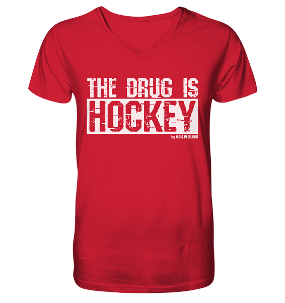 N.O.S.W. BLOCK Fanblock Shirt "THE DRUG IS HOCKEY" Männer Organic V-Neck T-Shirt rot