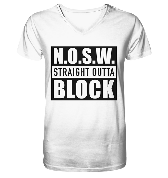 N.O.S.W. BLOCK Shirt "STRAIGHT OUTTA" Männer Organic V-Neck Shirt weiss