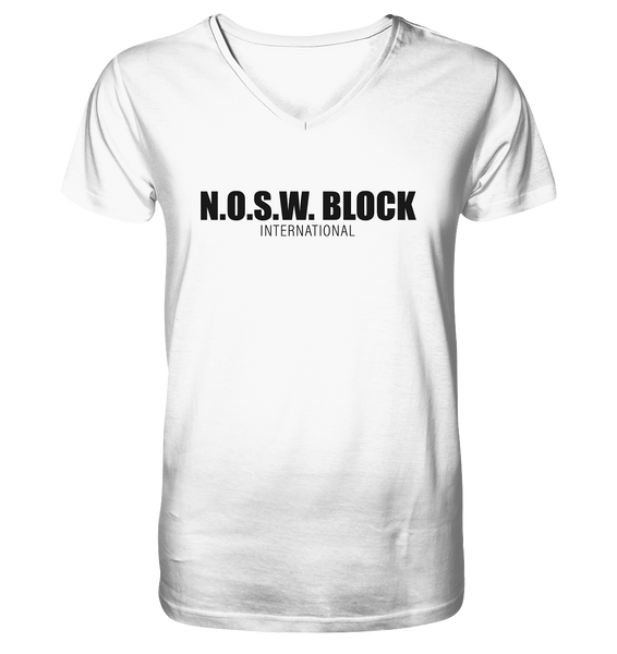 N.O.S.W. BLOCK Shirt "N.O.S.W. BLOCK INTERNATIONAL" Männer Organic V-Neck T-Shirt weiss