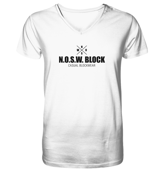 N.O.S.W. BLOCK Shirt "CREW NULL40" beidseitig bedrucktes Männer Organic V-Neck T-Shirt weiss