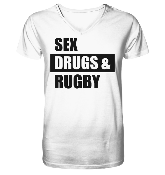 N.O.S.W. BLOCK Fanblock Shirt "SEX, DRUGS & RUGBY" Männer Organic V-Neck T-Shirt weiss