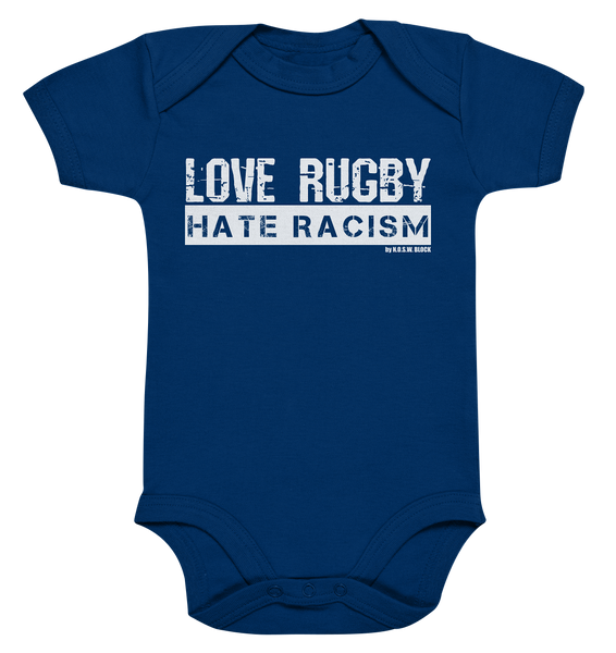 N.O.S.W. BLOCK Gegen Rechts Body "LOVE RUGBY HATE RACISM" Organic Baby Bodysuite nautical navy