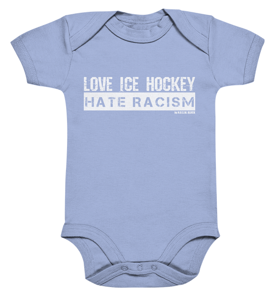 N.O.S.W. BLOCK Gegen Rechts Body "LOVE ICE HOCKEY HATE RACISM" Organic Baby Bodysuite dusty blue