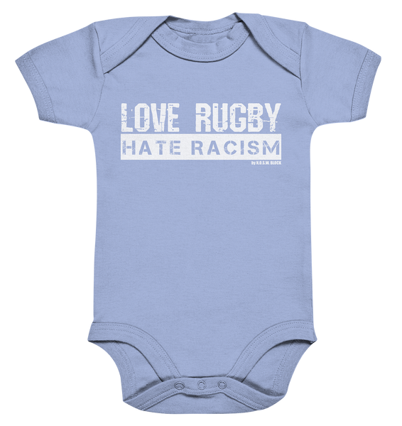N.O.S.W. BLOCK Gegen Rechts Body "LOVE RUGBY HATE RACISM" Organic Baby Bodysuite dusty blue