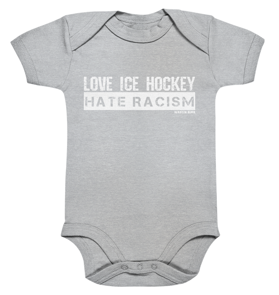 N.O.S.W. BLOCK Gegen Rechts Body "LOVE ICE HOCKEY HATE RACISM" Organic Baby Bodysuite heather grau