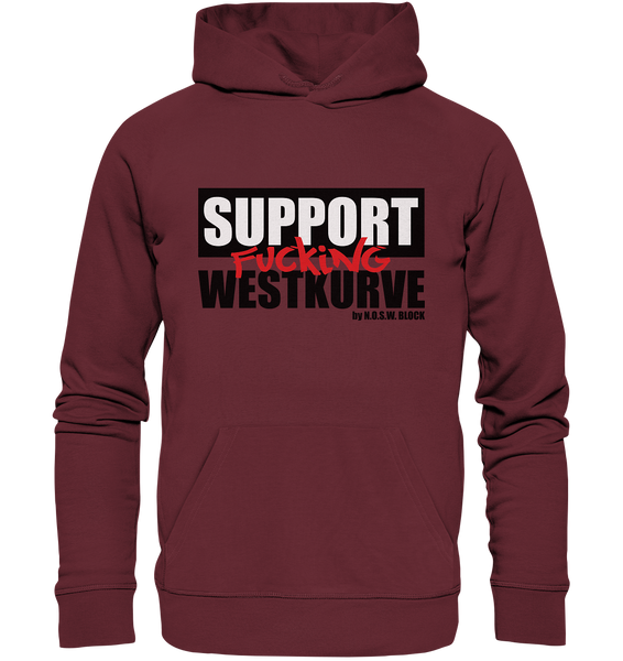 N.O.S.W. BLOCK Fanblock Hoodie "SUPPORT FUCKING WESTKURVE" Männer Organic Basic Kapuzenpullover weinrot