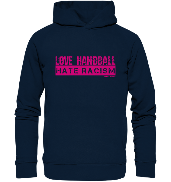 N.O.S.W. BLOCK Gegen Rechts Hoodie "LOVE HANDBALL HATE RACISM" Girls Organic Fashion Kapuzenpullover navy