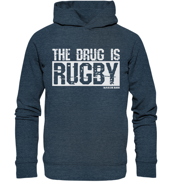 N.O.S.W. BLOCK Fanblock Hoodie "THE DRUG IS RUGBY" Männer Organic Fashion Kapuzenpullover dark heather blau