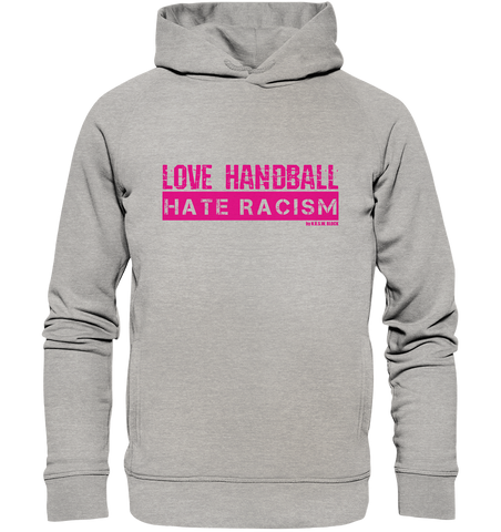 N.O.S.W. BLOCK Gegen Rechts Hoodie "LOVE HANDBALL HATE RACISM" Girls Organic Fashion Kapuzenpullover heather grau