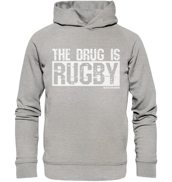 N.O.S.W. BLOCK Fanblock Hoodie "THE DRUG IS RUGBY" Männer Organic Fashion Kapuzenpullover heather grau