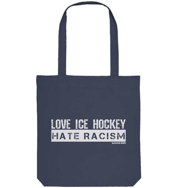 N.O.S.W. BLOCk Gegen Rechts Tote-Bag "LOVE ICE HOCKEY HATE RACISM" Organic Baumwolltasche midnight blue