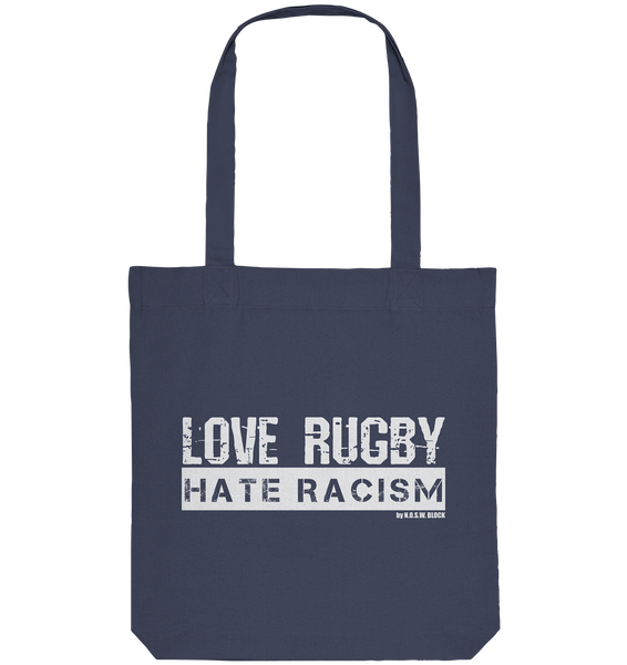 N.O.S.W. BLOCK Gegen Rechts Tote-Bag "LOVE RUGBY HATE RACISM" Organic Baumwolltasche midnight blue